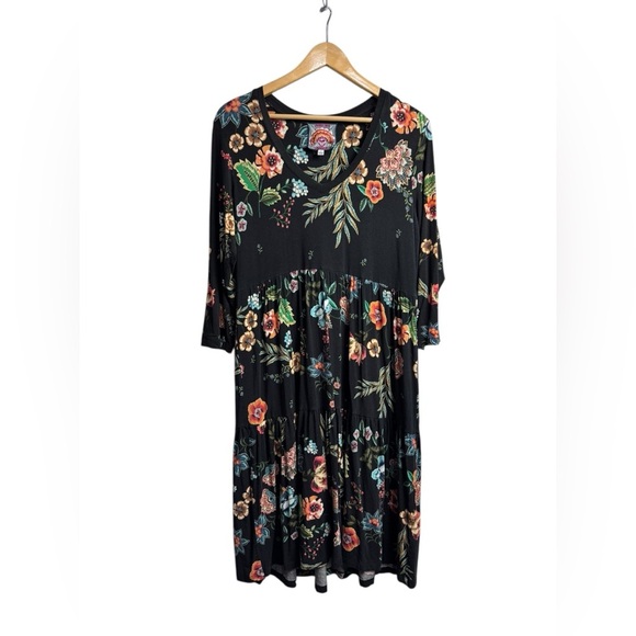Johnny Was Bamboo Dress Small Ardell 3/4 Sleeve Tiered Black Floral Large - Picture 3 of 8